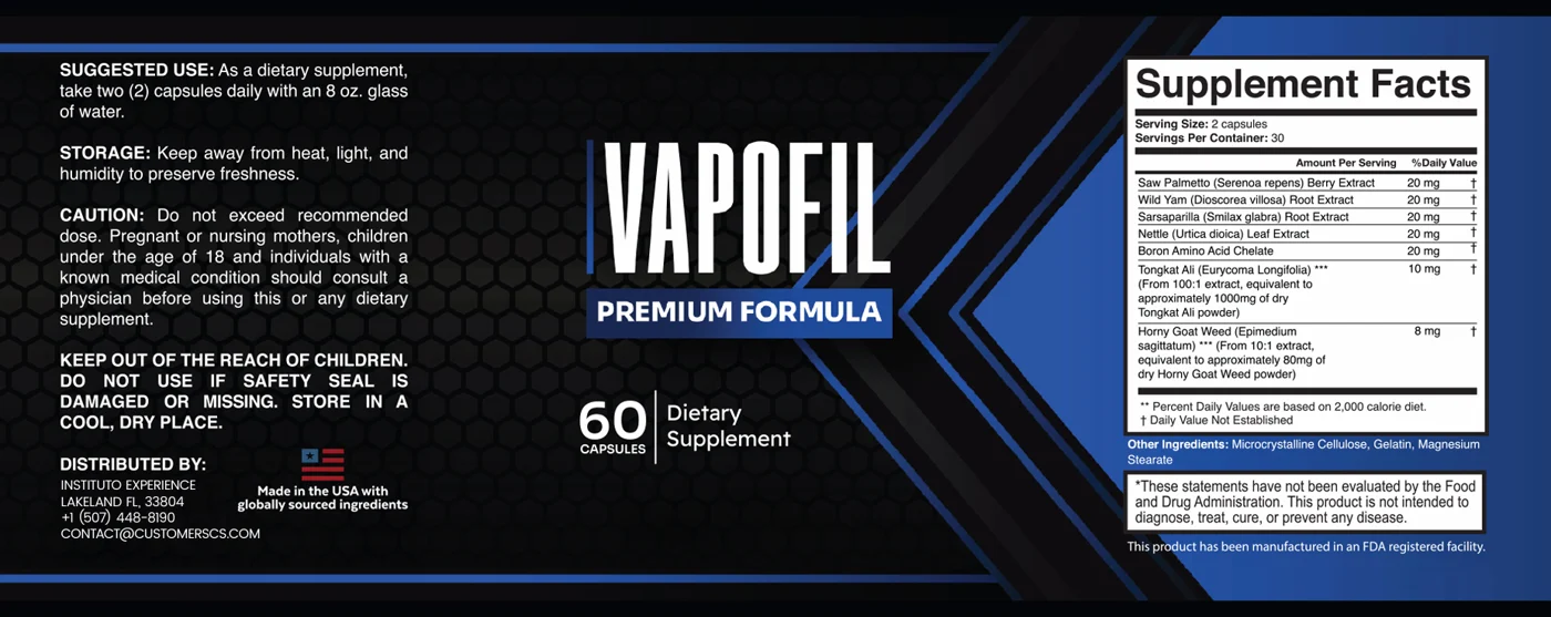 VapoFil label with Supplement Facts: Saw Palmetto 20 mg, Wild Yam 20 mg, Sarsaparilla 20 mg, Nettle Leaf 20 mg, Boron chelate 20 mg, Tongkat Ali 10 mg, Horny Goat Weed 8 mg per two-capsule serving